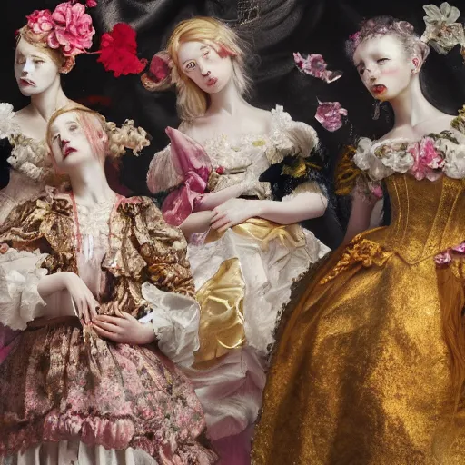 Image similar to 8k, octane render, fine detail, realism, tonalism, renaissance, rococo, baroque, group of creepy young ladies wearing long harajuku manga dress with flowers and skulls, background chaotic gold leaf flowers