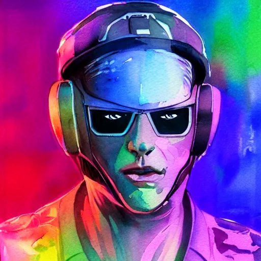 Image similar to technicolor cyber hacker, watercolor, 2077, neon, artstation