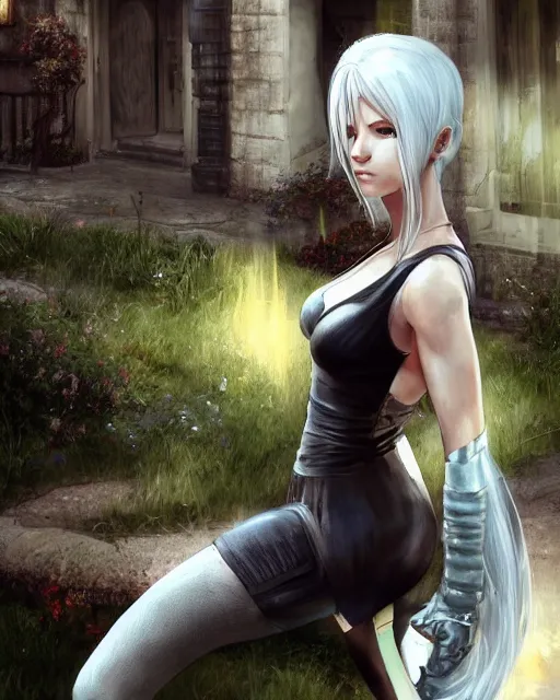 Image similar to tifa lockhart with white hair, beautiful face, very shy, elegant clothes, introverted, garden, utopian city, solarpunk, perfect, attractive, illuminated, ultra realistic, atmosphere, cinematic, artstation, highly detailed