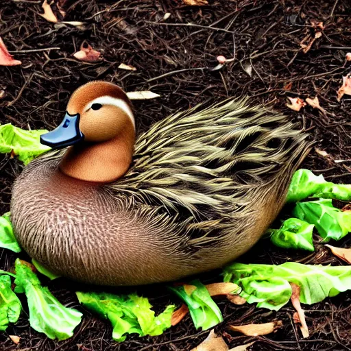 Image similar to duck in park, has skin of cabbage