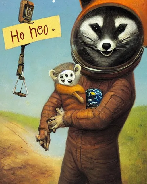 Image similar to astronaut racoon holding a sign that says hello by esao andrews