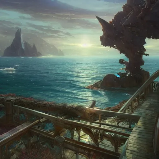 Image similar to epic view to sea with platforms, stephen bliss, unreal engine, fantasy art by greg rutkowski, loish, rhads, ferdinand knab, makoto shinkai and lois van baarle, ilya kuvshinov, rossdraws, tom bagshaw, alphonse mucha, global illumination, radiant light, detailed and intricate environment