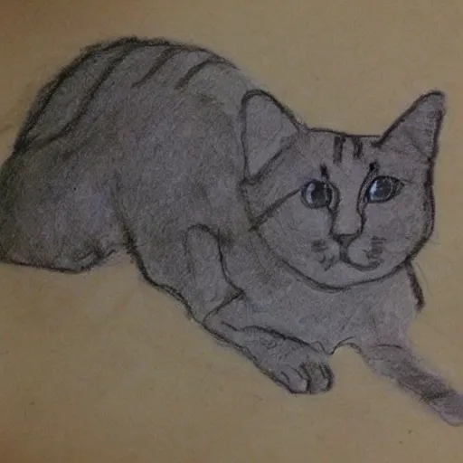 Image similar to bad crayon drawing of a cat done very quickly by an unskilled child, thick lines, shaky lines, unskilled, ugly, 3 6 0 p