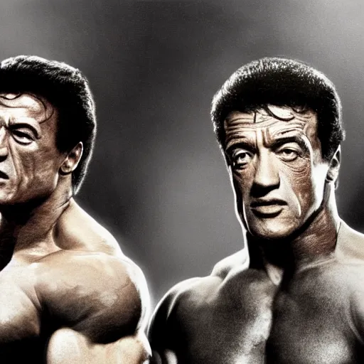 Prompt: Arnold Schwarzenegger and Sylvester Stallone in an UFC fight in octagon, artstation hall of fame gallery, editors choice, #1 digital painting of all time, most beautiful image ever created, emotionally evocative, greatest art ever made, lifetime achievement magnum opus masterpiece, the most amazing breathtaking image with the deepest message ever painted, a thing of beauty beyond imagination or words, 4k, highly detailed, cinematic lighting