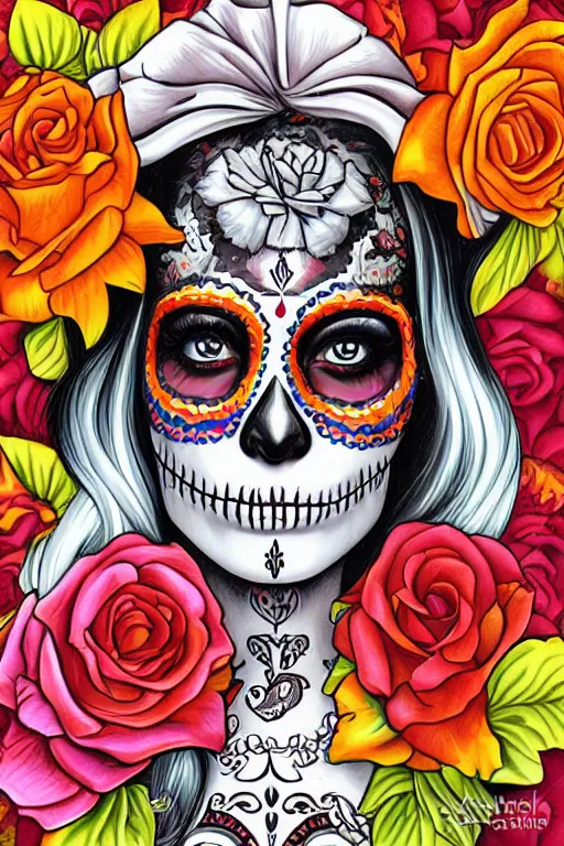 Prompt: Illustration of a sugar skull day of the dead girl, art by Mark Brooks