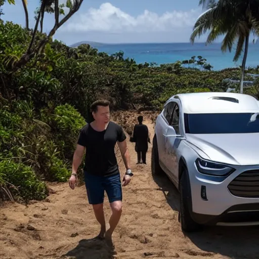 Image similar to elon musk being hunted by island locals, style colonialism