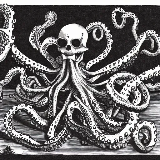 Image similar to a skeleton filled with writhing octopuses, fantasy illustration