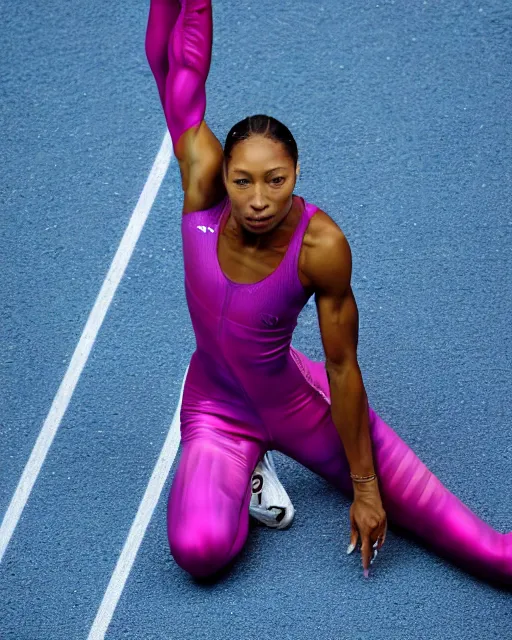 Image similar to stock photos of allyson felix, wearing a skin tight futuristic iridescent tracksuit, crouching at the 2 0 0 - meter starting line, hyperreal, she is sweating profusely