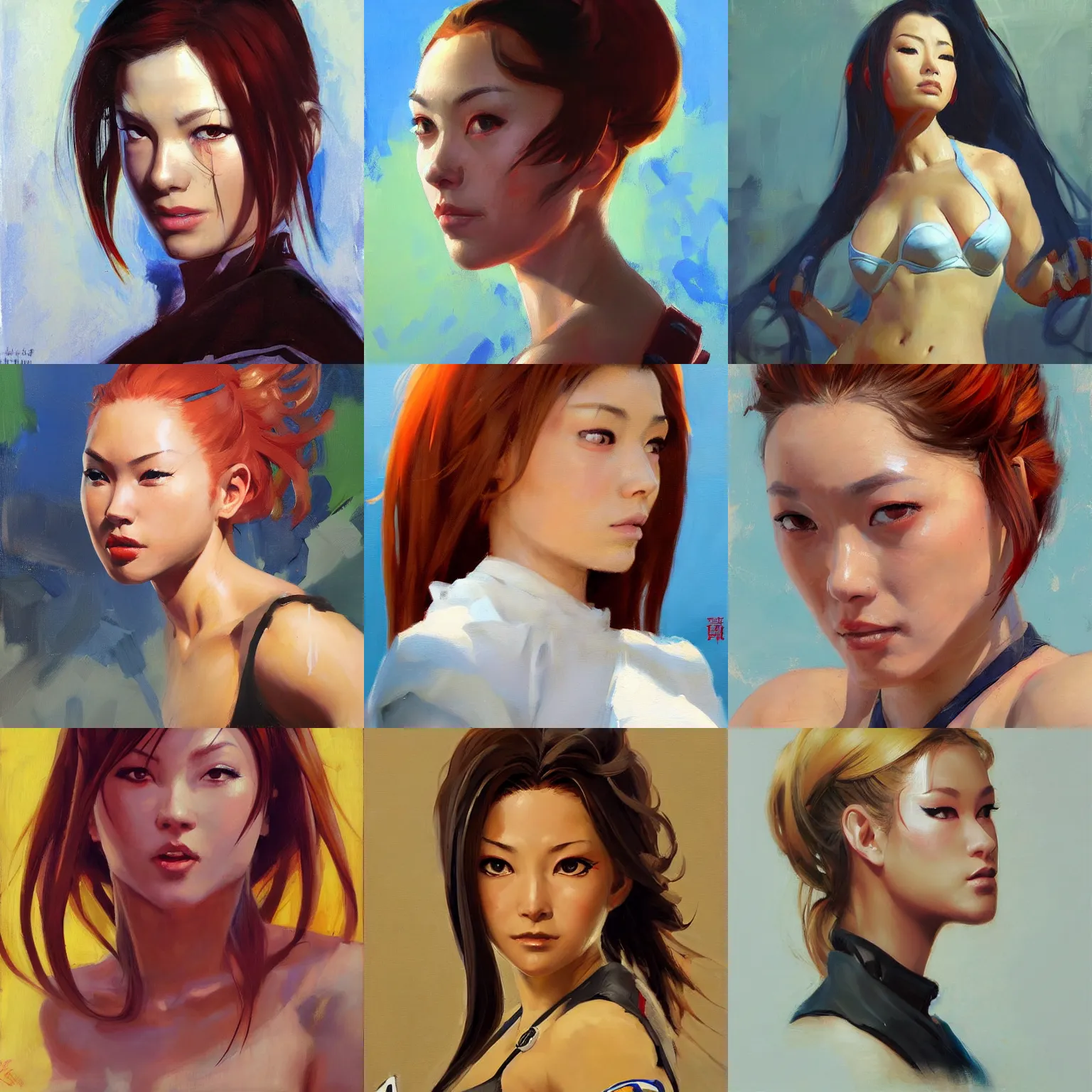 Prompt: greg manchess portrait painting of kasumi from acclaimed video game dead or alive, medium shot, asymmetrical, profile picture, organic painting, sunny day, matte painting, bold shapes, hard edges, street art, trending on artstation, by huang guangjian and gil elvgren and sachin teng