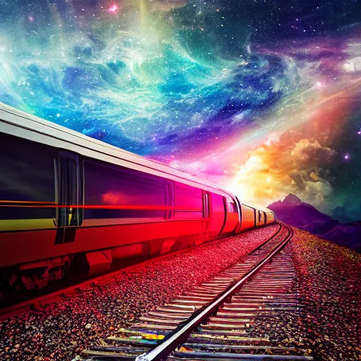 Image similar to inter dimensional sci - fi train far future, travelling across the stars, cosmos, galaxy, 8 k,