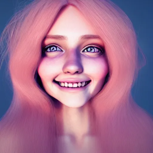 Prompt: beautiful hyperrealism selfie of a cute 3 d young woman smiling sofly, long light pink hair, flushed face, small heart - shaped face, amber eyes, golden hour, 8 k, instagram