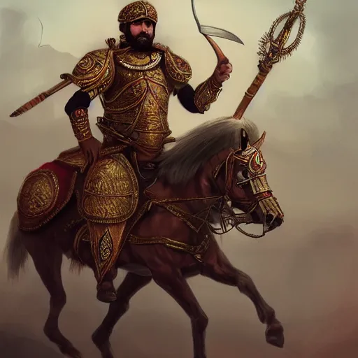 Image similar to persian cataphract on horseback with a spear, trending on artstation