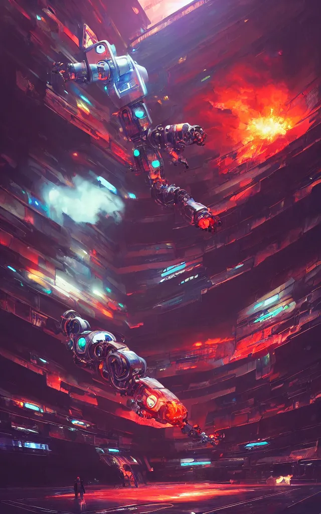 Image similar to a robot dog in a futuristic arena, digital art, epic composition, fantasy cyberpunk, explosion of color, highly detailed, artstation