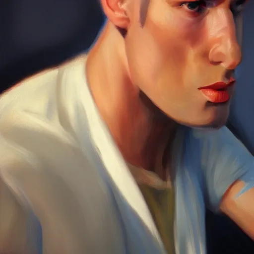 Image similar to a close up realistic portrait of a blonde man with chiseled jawline, edward hopper, trending on artstation