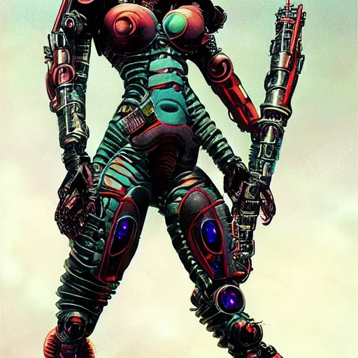 Image similar to a epic female cyberpunk powered armor, super complex and instruct, epic stunning atmosphere, hi - tech synthetic rna bioweapon nanotech demonic monster horror by syd mead, michael whelan, jean leon gerome, junji ito