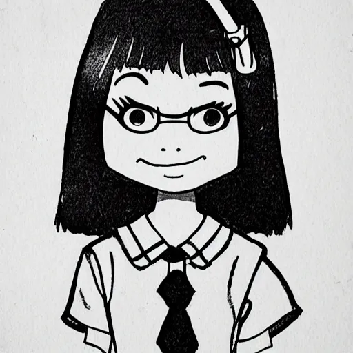 Image similar to a perfect professional sketch of a funny and cute Japanese schoolgirl, by ink pen, in style of Disney Pixar, CalArts, on high quality paper