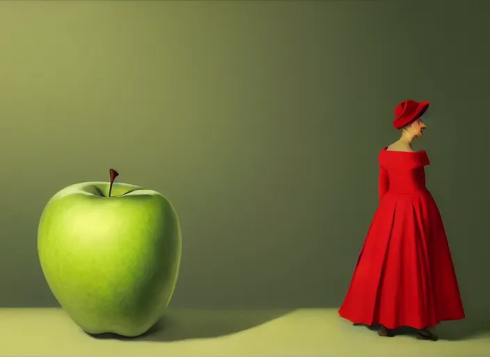 Prompt: a digital painting of a beautiful anthropomorphic humanoid green apple wearing a red dress, by netter and René Magritte, style from greg rutkowski, googly eyes, full frame, oil painting, featured on artstation, concept art, smooth, sharp focus, illustration, very detailed, ambient lighting, unreal engine render, concept art by