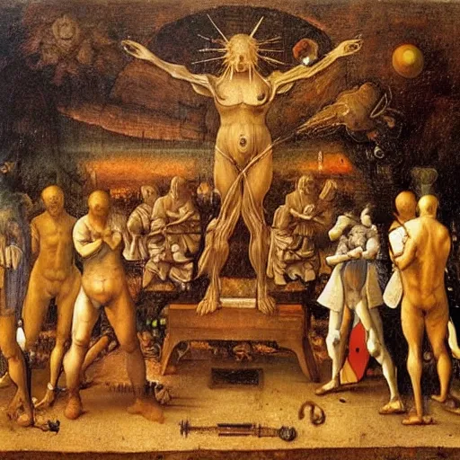 Image similar to a ritual for endless electricity and creativity as imagined by leonardo da vinci and reinterpreted by bosch, oil painting