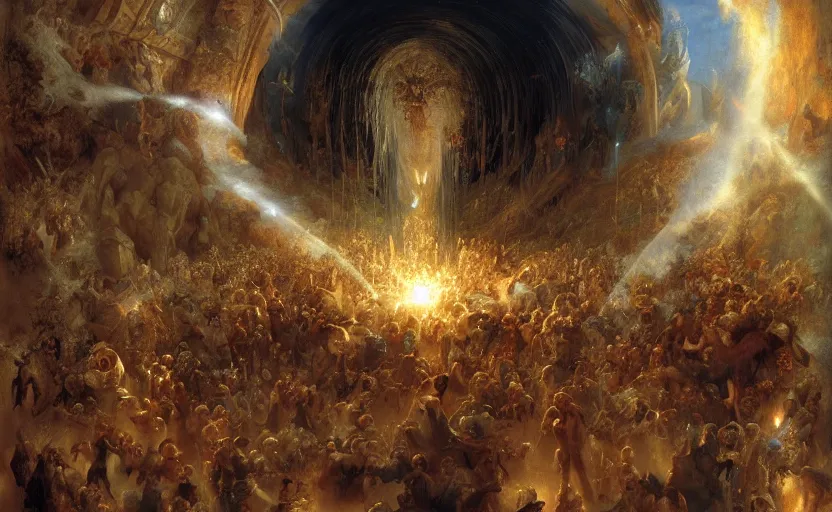 Image similar to alvah angelrune water portal to hell located in heaven, crowd of people, rule of thirds, 4 k, dark bright effect, highly detailed painting by gaston bussiere, craig mullins, j. c. leyendecker, michelangelo