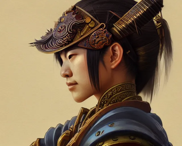 Prompt: portrait of a fierce japanese samurai, deep focus, d & d, fantasy, intricate, elegant, highly detailed, digital painting, artstation, concept art, matte, sharp focus, illustration, hearthstone, art by artgerm and greg rutkowski and alphonse mucha