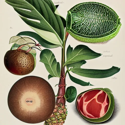 Prompt: botanical illustration of several tropical fruits