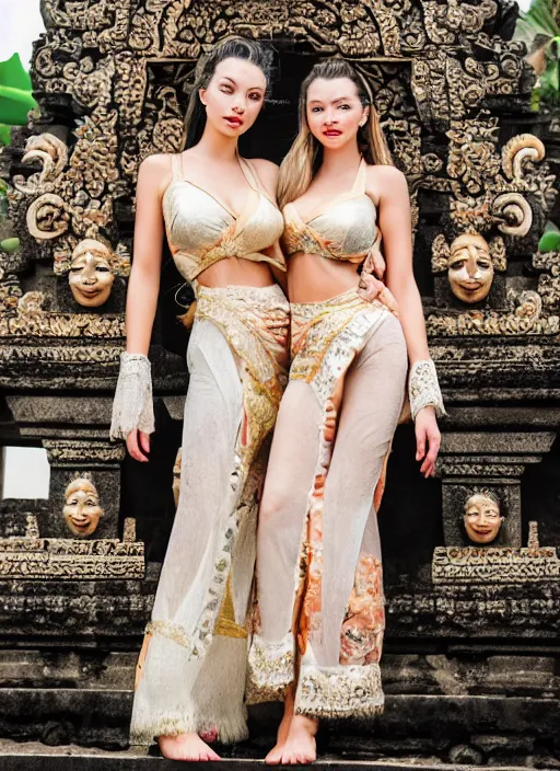 Image similar to portrait of lindsey pelas and anya taylor jou wearing kebaya in bali temple, by charlotte grimm, natural light, detailed face, beautiful features, symmetrical, canon eos c 3 0 0, ƒ 1. 8, 3 5 mm, 8 k, medium - format print, half body shot