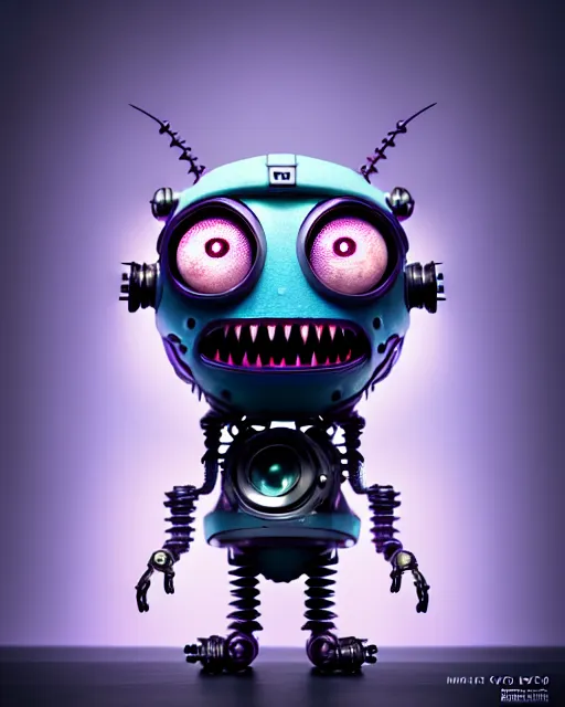 Image similar to a tiny cute cyberpunk monster with cogs rods bolts big eyes smiling waving, back view, isometric 3 d, ultra hd, character design by mark ryden pixar hayao miyazaki, unreal 5, daz, hyperrealistic, octane render, cosplay, rpg portrait, dynamic lighting, intricate detail, front lighting, cinematic, symmetrically isometrically centered