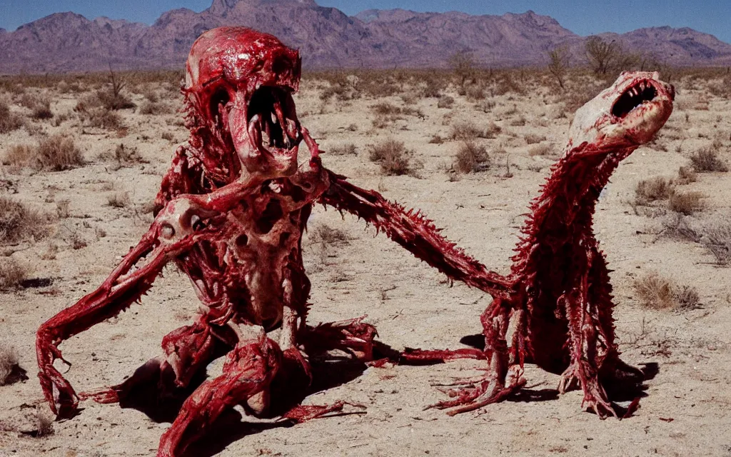 Image similar to in the desert a bloody gross horrifying The Thing creature made of muscle and bone and blood stares at the camera, eating, mid day, 35mm photography, realistic,