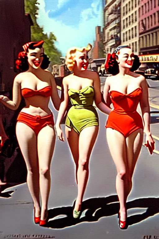 Prompt: 1940s group of pinup bikini girls walking down the street in 1940s Manhattan, oil painting, by Gil Elvgren