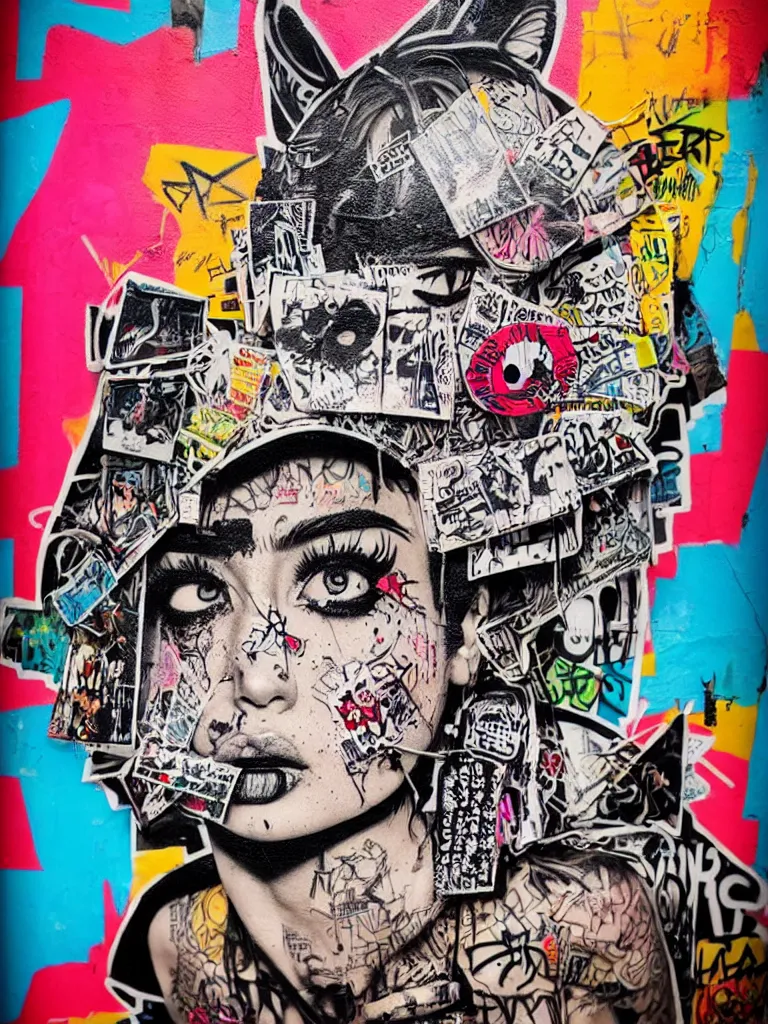Prompt: a multilayered mixed media street art on paper bursting with nostalgic pop culture references, punk and graffiti symbols and tattoo designs, sharp details and in focus, high resolution, flat evenly lit background, art by stikki peaches