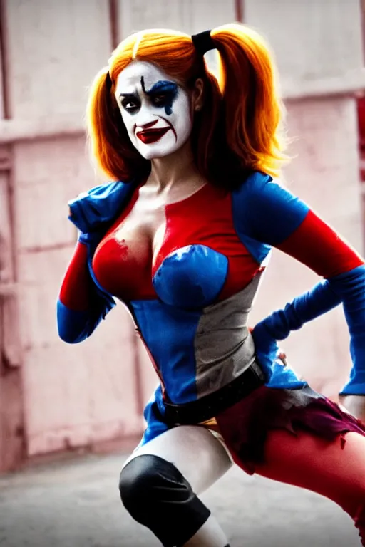 Image similar to film still of Salma Hayek as Harley Quinn in Joker, 4k