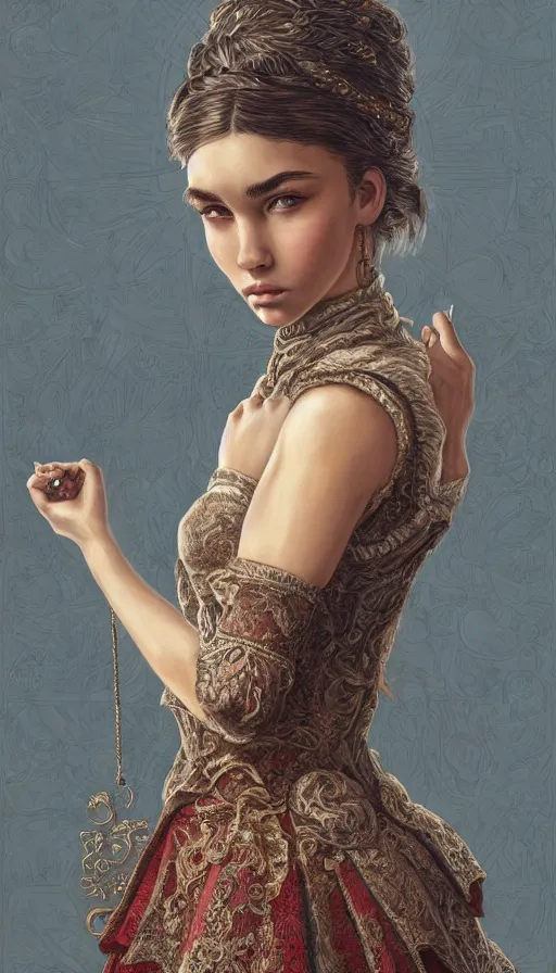 Image similar to madison beer, traditional russian clothing, fame of thrones, fibonacci, sweat drops, intricate fashion clothing, insane, intricate, highly detailed, surrealistic, digital painting, artstation, concept art, smooth, sharp focus, illustration, unreal engine 5, 8 k, art by artgerm and greg rutkowski and alphonse mucha