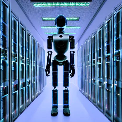 Image similar to hyperrealism colour detailed photography scene by stanley kubrick of highly detailed stylish humanoid robot from the far future as system administrator year style by gragory crewdson and katsuhiro otomo, mike winkelmann with many details by josan gonzalez working at the detailed data center by laurie greasley hyperrealism stock photo on dsmc 3 system volumetric led light