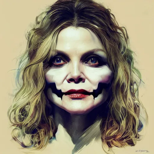 Prompt: michelle pfeiffer is the queen of the undead, portrait painting, medium shot, asymmetrical, profile picture, organic painting, sunny day, matte painting, bold shapes, hard edges, street art, trending on artstation, by huang guangjian, m and gil elvgren and sachin teng