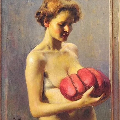 Image similar to A woman holding two melons to her chest, modest, 1950s, americana, award-winning, suburban, by Ilya Repin