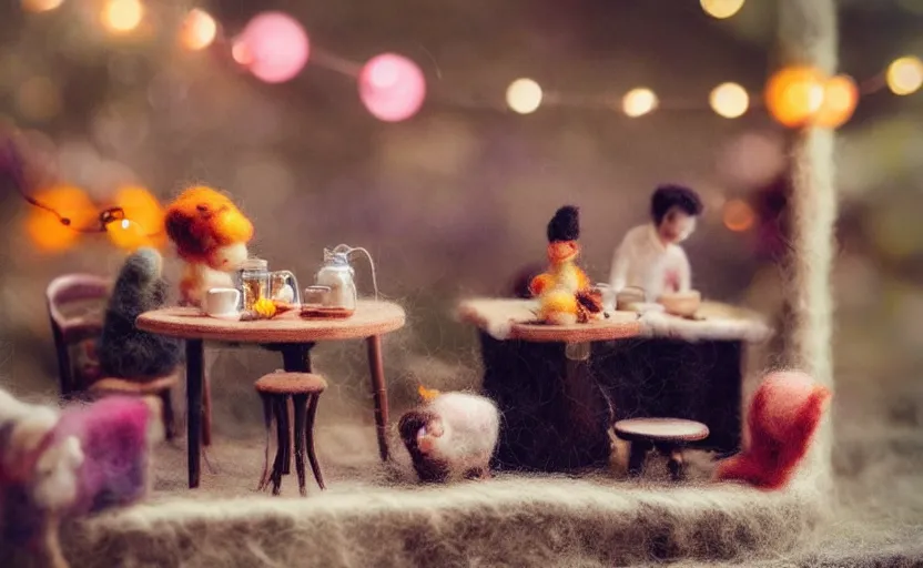 Image similar to mini cafe diorama macro photography, needle felted animals, ambient, atmospheric photograph, string lights, romantic