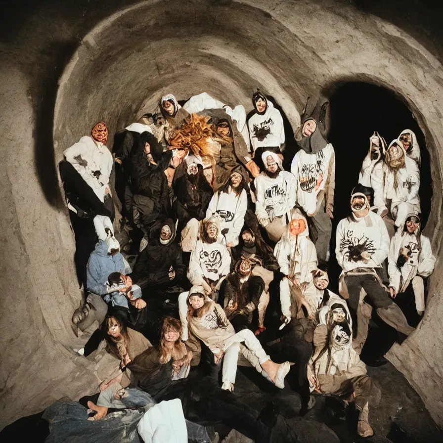 Image similar to cult members with taxidermic moth masks and black peak hood in a spiral tunnel, cinestill 8 0 0 t 3 5 mm, heavy grain, high quality, high detail