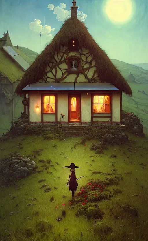 Image similar to a hyper realistic witchy cottage with solar panels on a tall hill, mountains, atmospheric lighting, lush foliage, painting by chiara bautista and tom bagshaw, mucha, beksinski and norman rockwell and greg rutkowski weta studio, and lucasfilm