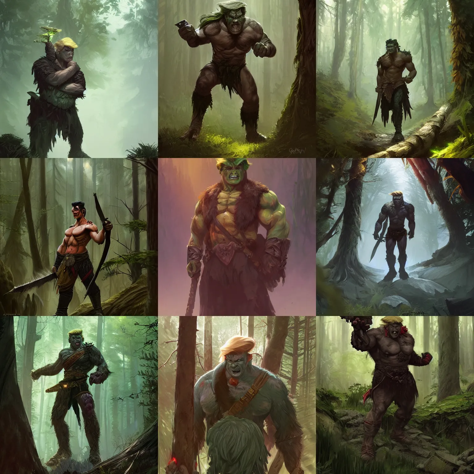 Prompt: half orc half trump fighter in a forest, fantasy, highly detailed, digital painting, artstation, concept art, character art, art by greg rutkowski and tyler jacobson and alphonse mucha