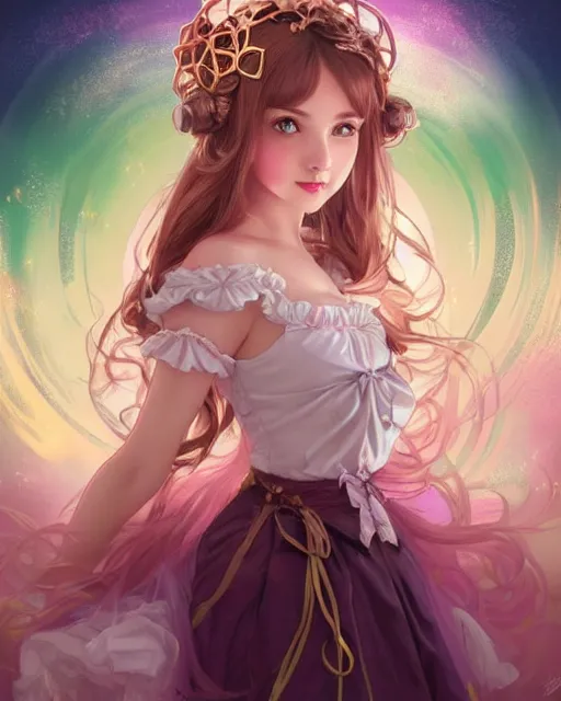 Image similar to portrait of magical lolita girl, dreamy and ethereal, expressive pose, big gold eyes, exciting expression, fantasy, intricate, elegant, many rainbow bubbles, rose tones, highly detailed, anime, artstation, concept art, cyberpunk wearing, smooth, sharp focus, illustration, art by artgerm and greg rutkowskiand alphonse mucha