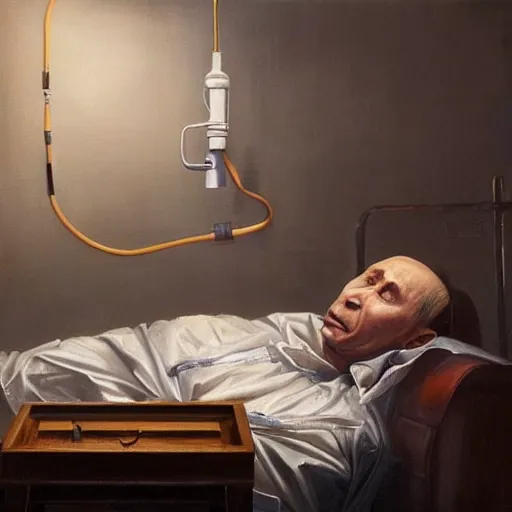 Image similar to hyperrealistic painting of very ill Vladimir Putin wearing an oxygen mask on a death bed inhaling from Copium tank, dimly lit cozy tavern, leather tunic, confident relaxed pose, d&d, stunning 3d render inspired art by Tim Okamura and Lise Deharme + perfect facial symmetry + dim volumetric lighting, 8k octane beautifully detailed render, post-processing, extremely hyperdetailed, intricate, epic composition, grim yet sparkling atmosphere, cinematic lighting + masterpiece, trending on artstation, very very detailed, masterpiece, stunning