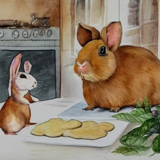 Image similar to a rabbit, and a guinea pig, baking cookies together, inside a french cozy kitchen, realistic watercolour