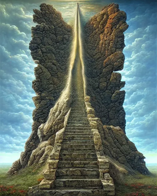 Image similar to Stairway to heaven by Tomasz Alen Kopera and salvator Dali and greg rutkowski, impressive perspective, I can't believe how detailled this is, masterpiece