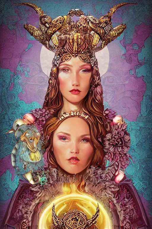 Prompt: opalescent retrofuturistic digital airbrush illustration of a viking wearing an ornate gpu headpiece and holding a flower with a map of the collective subconscious in the background by luigi patrignani