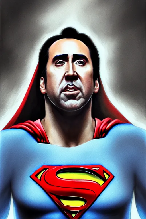 Image similar to portrait of nicolas cage as superman looking away from the camera, intricate, hyperrealistic, extremely detailed pencil drawing by simon stalenhag and greg rutkowski, artstation