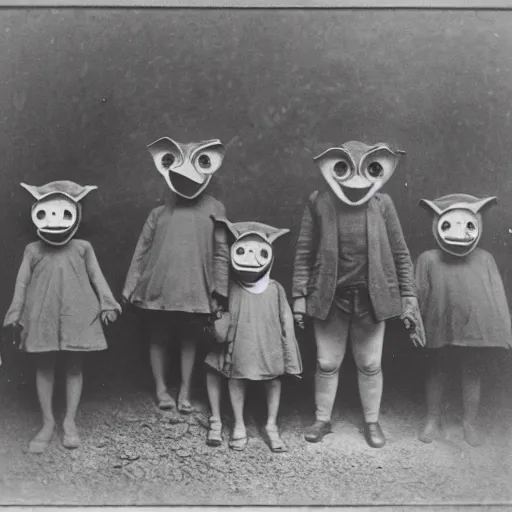 Prompt: portrait of children wearing pig masks, photograph, style of atget, 1 9 1 0, creepy, dark