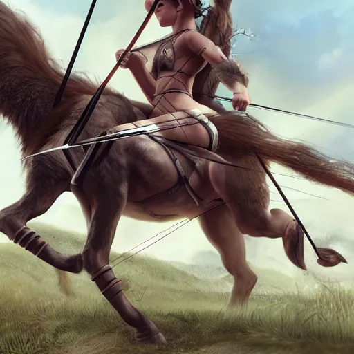 Prompt: female centaur doing archery, trending on artstation, 8k