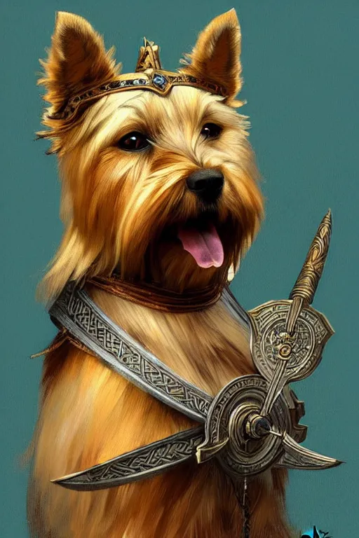 Image similar to norwich terrier as an Viking warrior, fantasy, intricate, elegant, highly detailed, digital painting, artstation, concept art, smooth, sharp focus, illustration, art by alphonse mucha