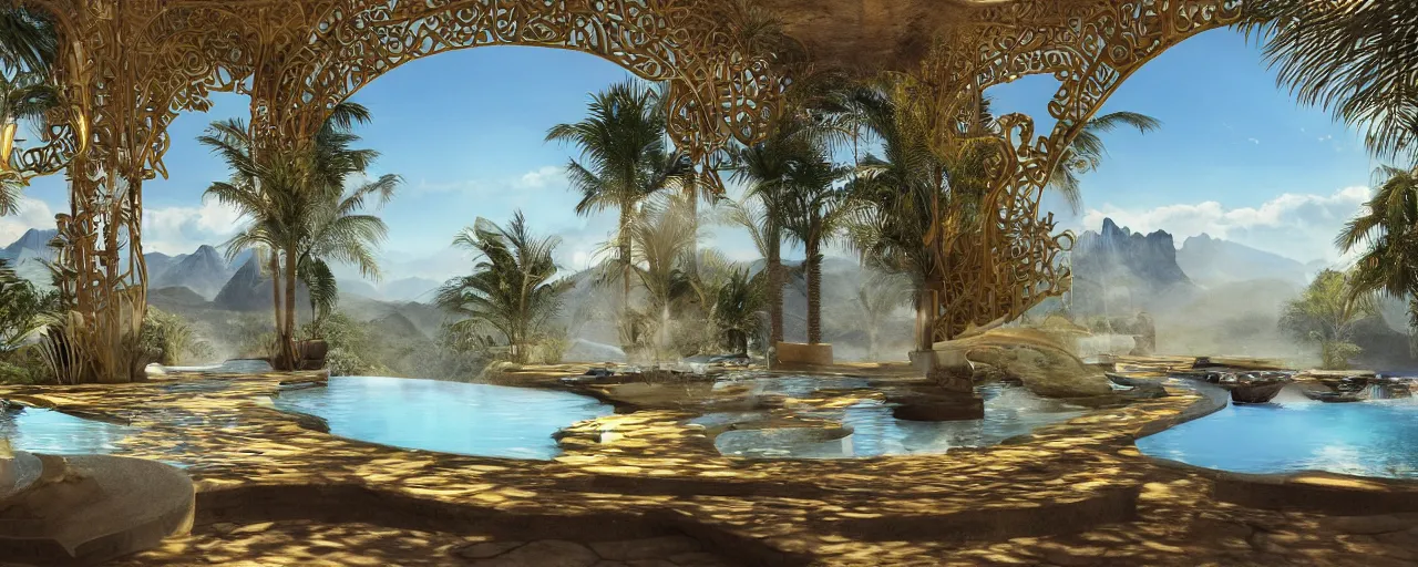 Image similar to surreal hyper luxury spa with intricate golden details with view to arid mountains and palm forest, ultra detailed, photorealism, sharp focus, volumetric light, global illumination