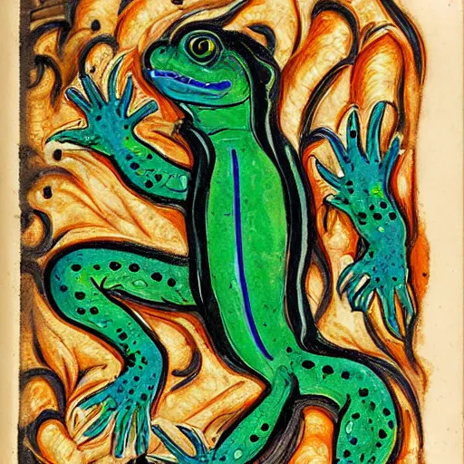 Image similar to salamander on fire in the style of a grotesque of an illuminated manuscript